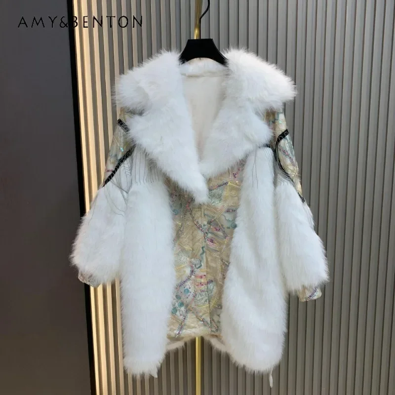 

Winter Medium And Long Retro Splicing Ethnic Style Coat Heavy Industry Sequined Fringed Belt Light Luxury Faux Fur Jacket Women