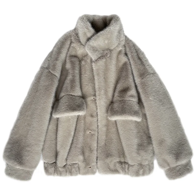 

Бежевая зимняя шуба из меха норки, свободная плюшевая куртка, женская новинка, с воротником-стойкой, с большими карманами, меховой топ