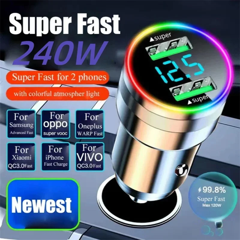 

Автомобильное зарядное устройство с 2 USB-портами, 240 Вт, для iPhone 14 Pro Max 13 Oneplus Huawei OPPO Samsung Xiaomi