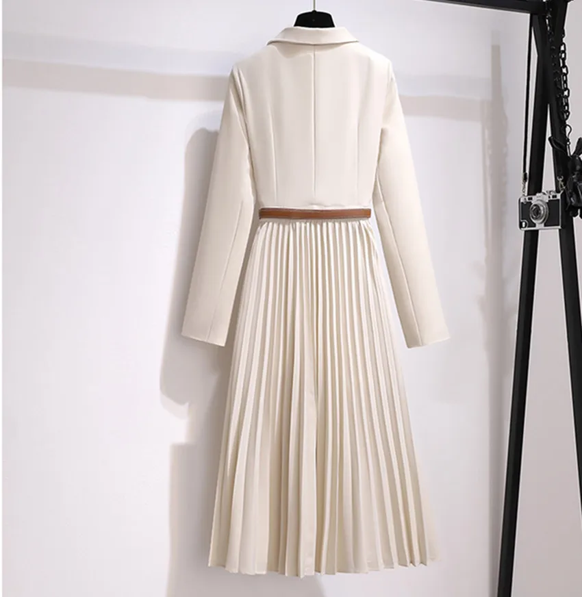 JSXDHK Spring Autumn Office Ladies Pleated Dress 2024 New Elegant French Women Notched Collar Patchwork Chiffon OL Midi Vestidos