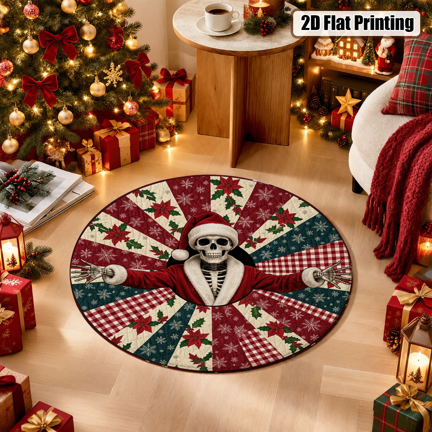 Skeleton Santa Poinsettia Snowflake Plaid Tree Skirt Velvet Machine Washable Living Room Dining Area Holiday Party Halloween Thanksgiving Black Friday Cyber Monday Christmas New Year