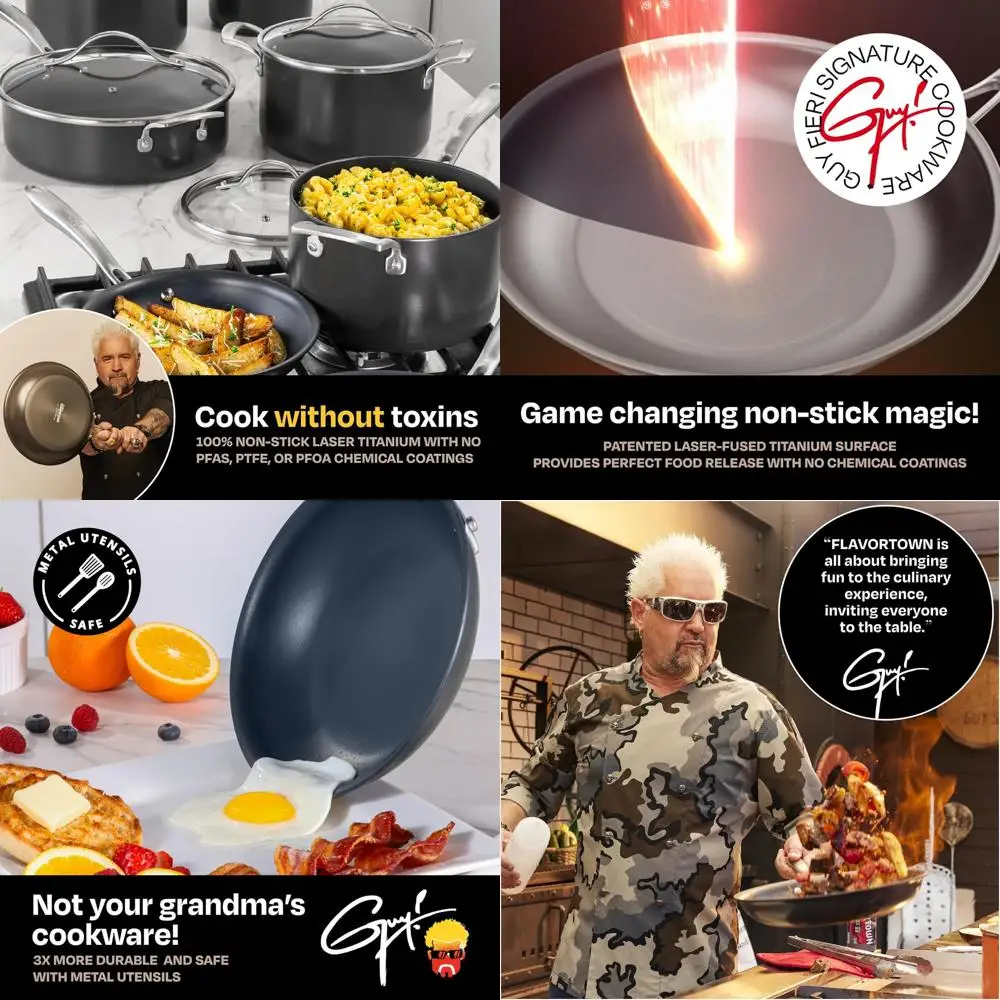 

Guy Fieri's Flavortown Laser Titanium Cookware Set: 12-Piece Non-Stick Collection, PFAS-Free, PTFE-Free, PFOA-Free, 3x Durabilit