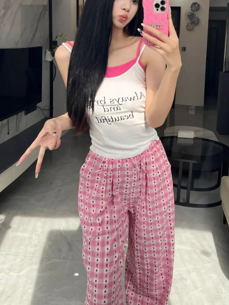 

Удобные повседневные брюки в клетку для женщин, с высокой талией, на шнурке, с эластичным поясом, прямые, свободного кроя, весенняя новинка SophieBorg