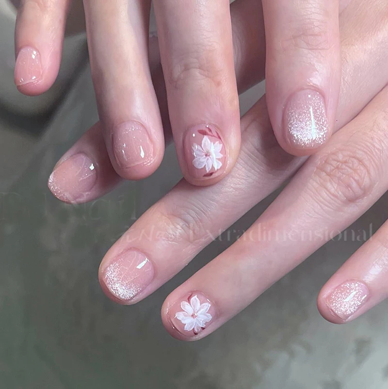 5d Embossed Nail Art Stickers Retro Hand Painting White Pink Petals Flowers Sliders Decals Decorated Nail Manicures