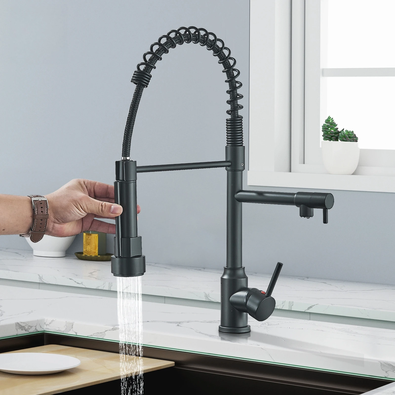 

Black Kitchen Faucet Spring 360° Pull Down Sprayer Hot Cold Water Mixer Tap Deck Mounted Dual Spout Nozzle Faucets Crane