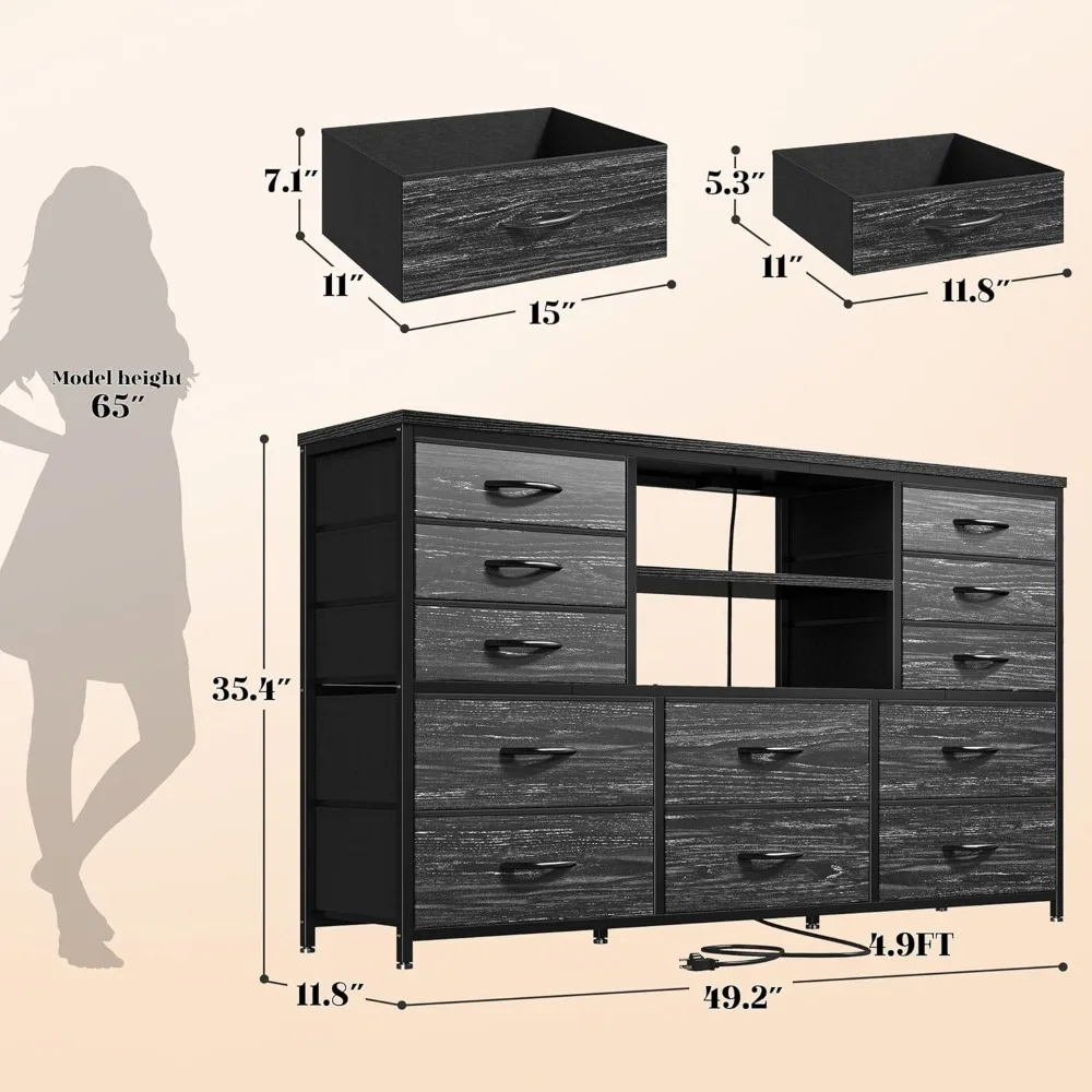 Cômoda preta com luzes LED e tomadas de energia, suporte de TV com 12 gavetas para TV de 60'' para cômodas de tecido de quarto e Che