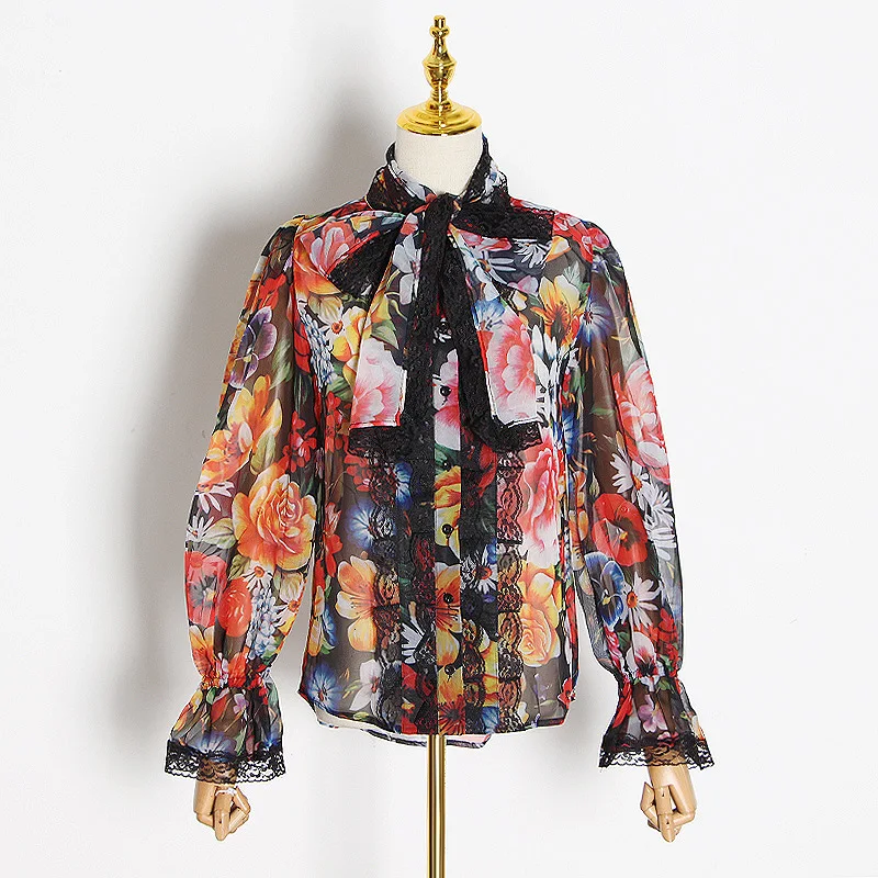 Europe Style Spring Summer Fashion Women's High Quality Floral Print Chiffon Bowtie Flare Sleeves Shirt F078