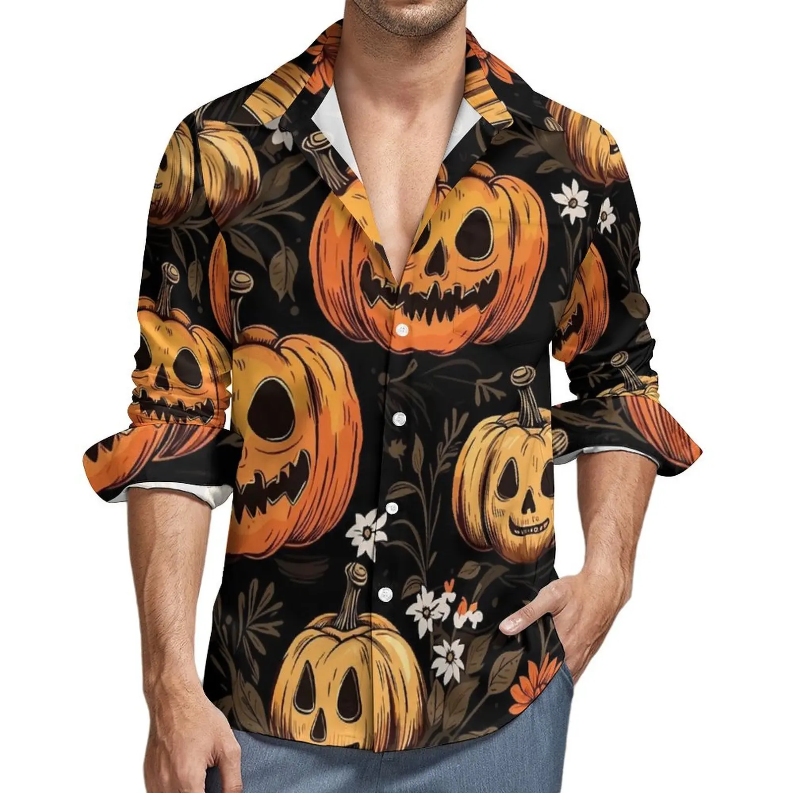 

Halloween Pumpkins Casual Shirt Male Flowers Print Harajuku Shirt Autumn Novelty Blouse Long Sleeve Custom Oversized Clothing