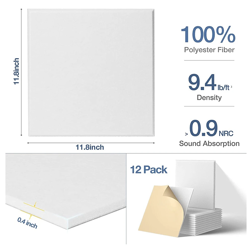 Self-Adhesive Acoustic Panels 12 Pack,12 x 12 x 0.4 inch Sound Proof Padding,Sound Absorbing Panel for Home ,White