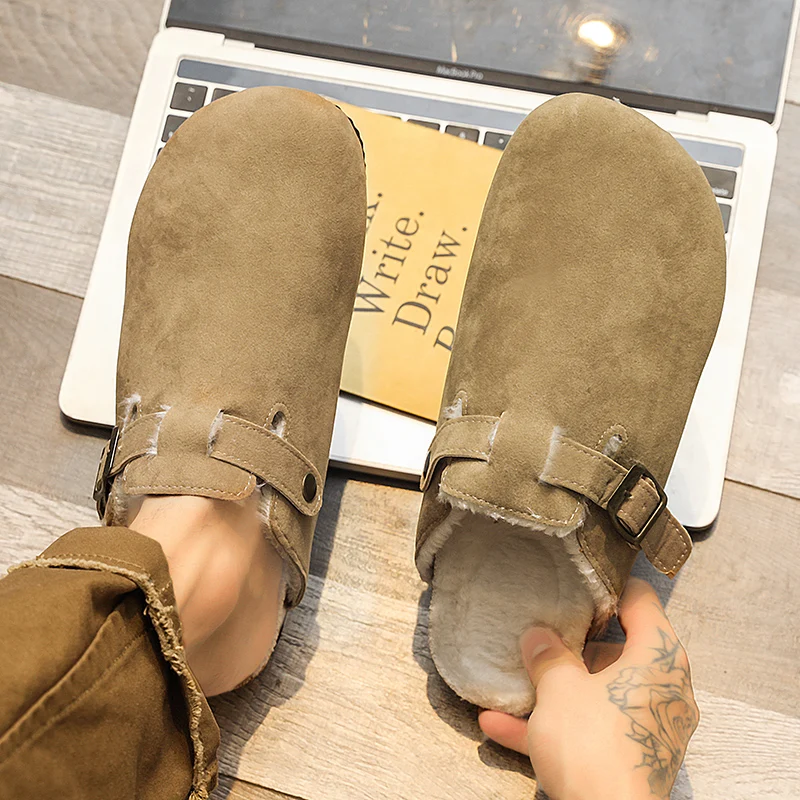 Cork Suede Mule Slippers for Women Fashion Men's Clogs Classic Cork Non-slip Household Plus Velvet Slippers with Arch Support