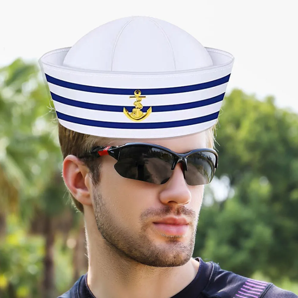 

2pcs Sailor Hat Blue White Striped Polyester Fully Sealed Women Hats Cosplay Stage Captain Hat Prop Men Boating