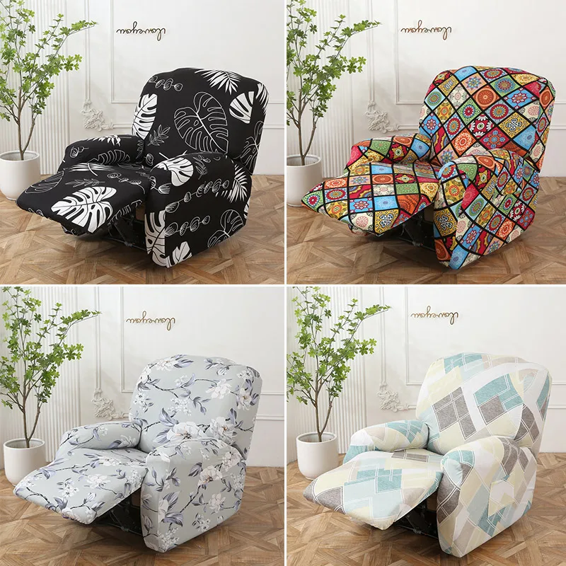 LANMOLIF Printed Recliner Cover with Pockets Single Reclining Slipcover 4-Pieces LazyBoy Recliner Furniture Protector forKid Pet