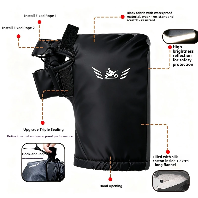 Pair of Motorcycle and Bicycle Handlebar Covers, Better Warmth Retention, Comfortable Feel, Gentle Protection, Front/Side Reflective Strip Design - Makes Night Riding More Secure, Velcro Closure Design, Compatible with