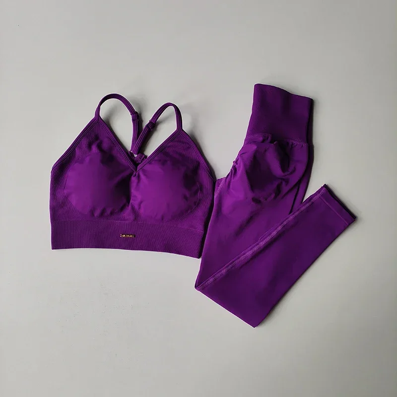 2PCS Gym Seamless Hip Lifting Fitness Set Running V-neck Bra Leggings Yoga Set Quick Drying Exercise Iron Massage High Fat Pants