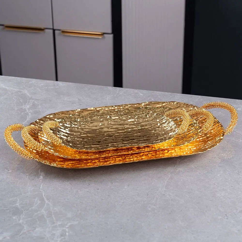 Desktop Ornament Metall Ablage Lange Exquisite Obst Tablett mit Griff Tragbare Gebäck Display Platte Geschenk
