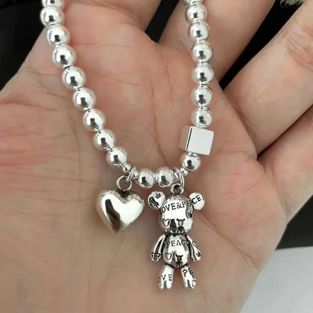 New Stainless Steel Bracelets for Women Fashion Beaded Accessories Simple Heart Bear Pendant Bracelet Trend Party Jewelry