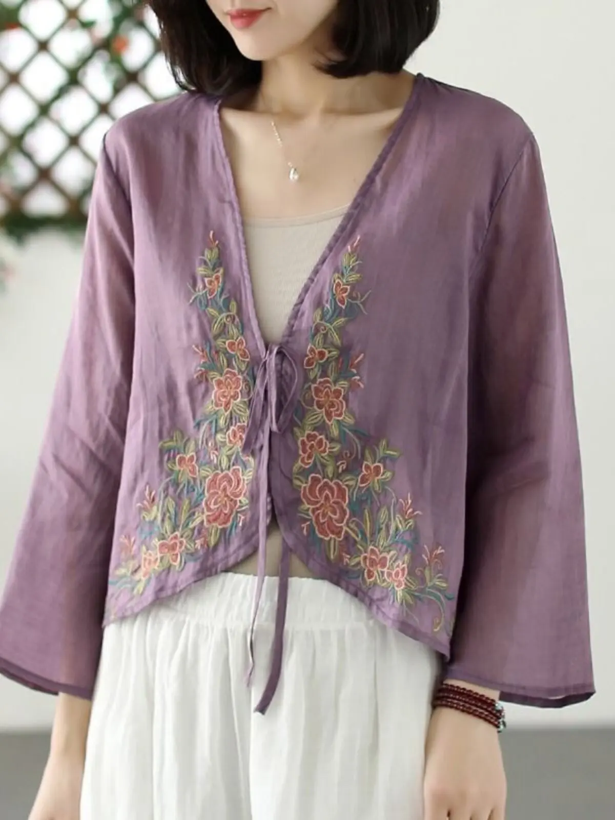 Chinese Style Embroidered Linen Blouse Women Summer Vintage Floral Shirt Sunscreen Tea Dress Wu Tang Kung Fu Hanfu CN-224
