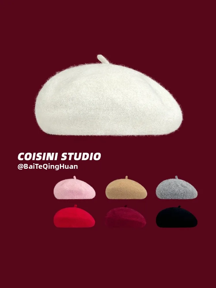 Pure Color Woolen Beret Hat Autumn Winter Casual Artist Cap British Retro Bloomer Hat Face Slimming Effect Street Style Hat