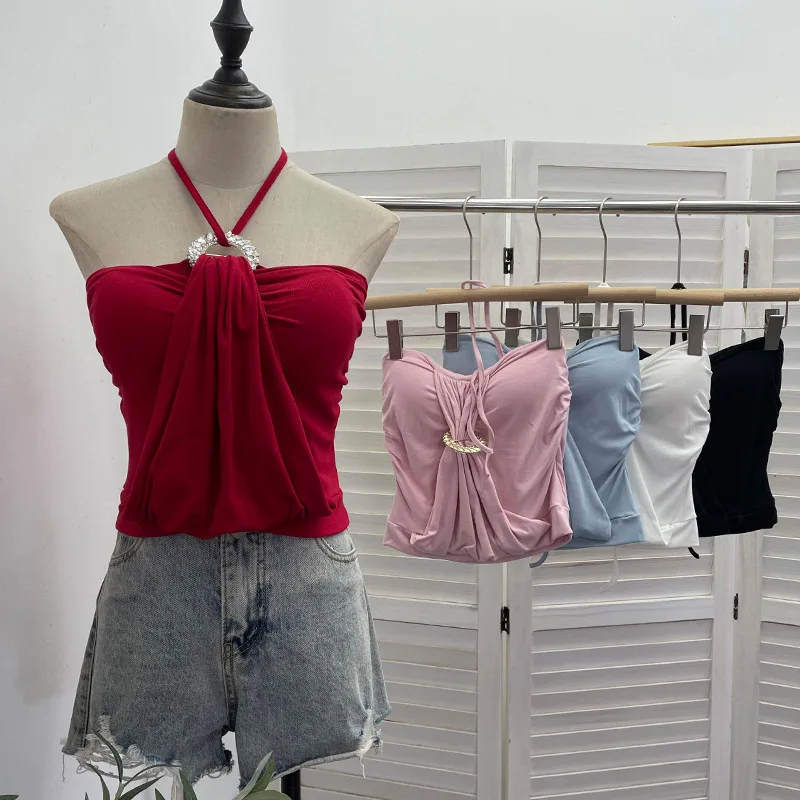 

2026 Summer New Spice Girl Lace-up Neck with Chest Pad Pleated Hem Tube Top Backless Short Top