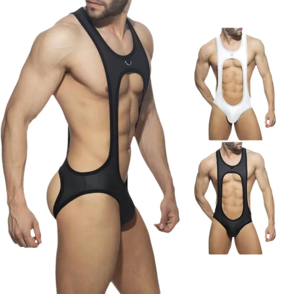 Men's Thong Leotard Bodysuit Stretch Wrestling Singlet Jumpsuit One-Piece G-String Underwear Hollow Lingerie Suspender Jumpsuits