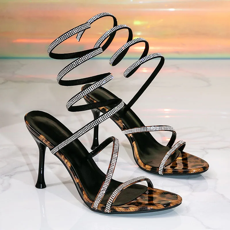Fashion Open Toe Luxury Rhinestones High Heels Party Ladies Shoes Sexy Snake Twine Around Crystal Women Heels Sandals Pumps