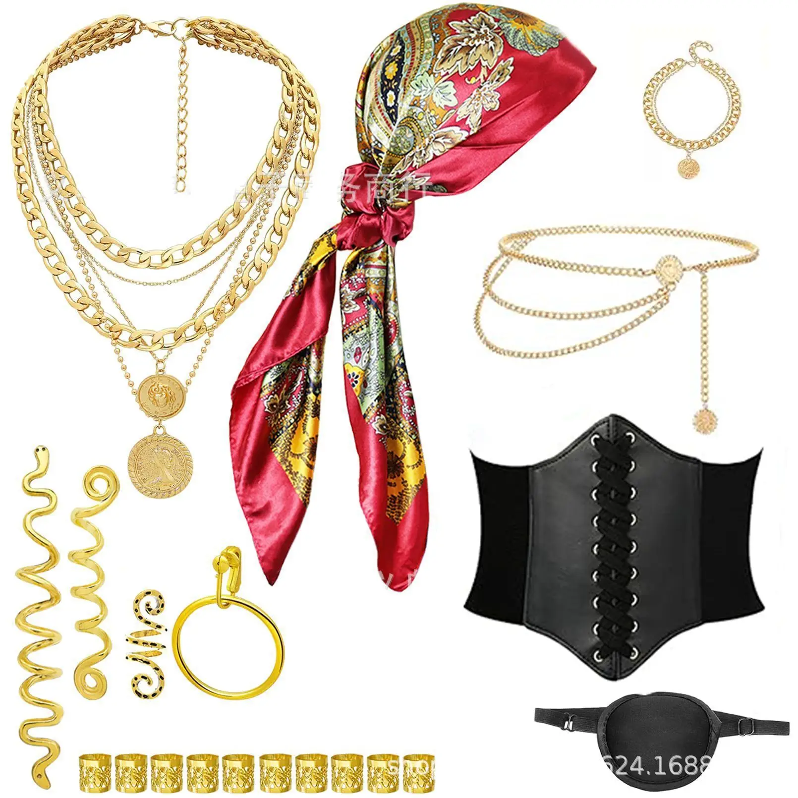 

Pirate Costume Accessories for Women with Head Scarf Wrap Pirate Corset Eye Patch Necklace Sash Chain Belt Halloween Costumes