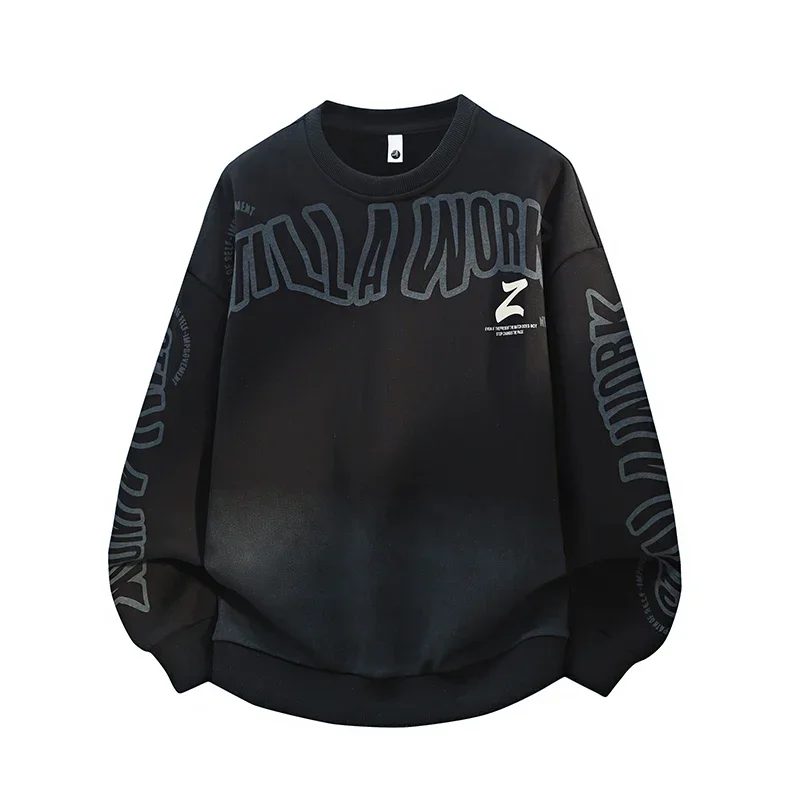 High Street Crew Neck Sweatshirt Man Autumn Gradient Washed Letter Print O Neck Hoodies Men Loose Korean Streetwear Pullover Top