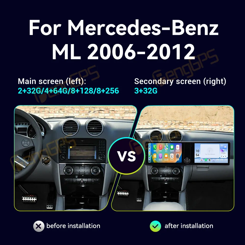 Car GPS Navigation Player For Mercedes-Benz ML 2006-2012 Android 14 Dual 10.1 Inch Screen Multimedia Display Car Radio Host BT