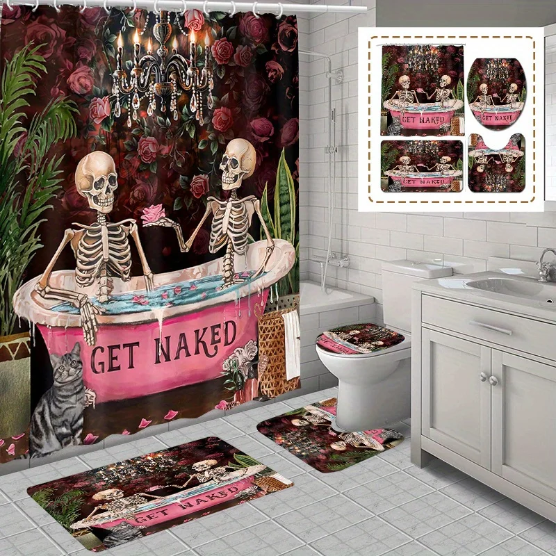 

4pcs Skull "Naked" Halloween Shower Curtain Set, Waterproof Polyester, with Hook, Bath Mat, Toilet Lid and Carpet, for Bathroom