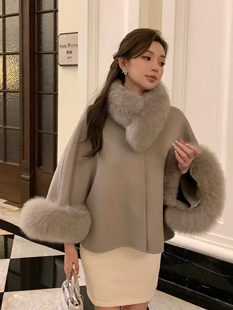 Moda inverno signora vera pelliccia di volpe naturale collo giacca mantello di lana cashmere cappotto caldo colletto staccabile cappotto femminile spesso di lusso