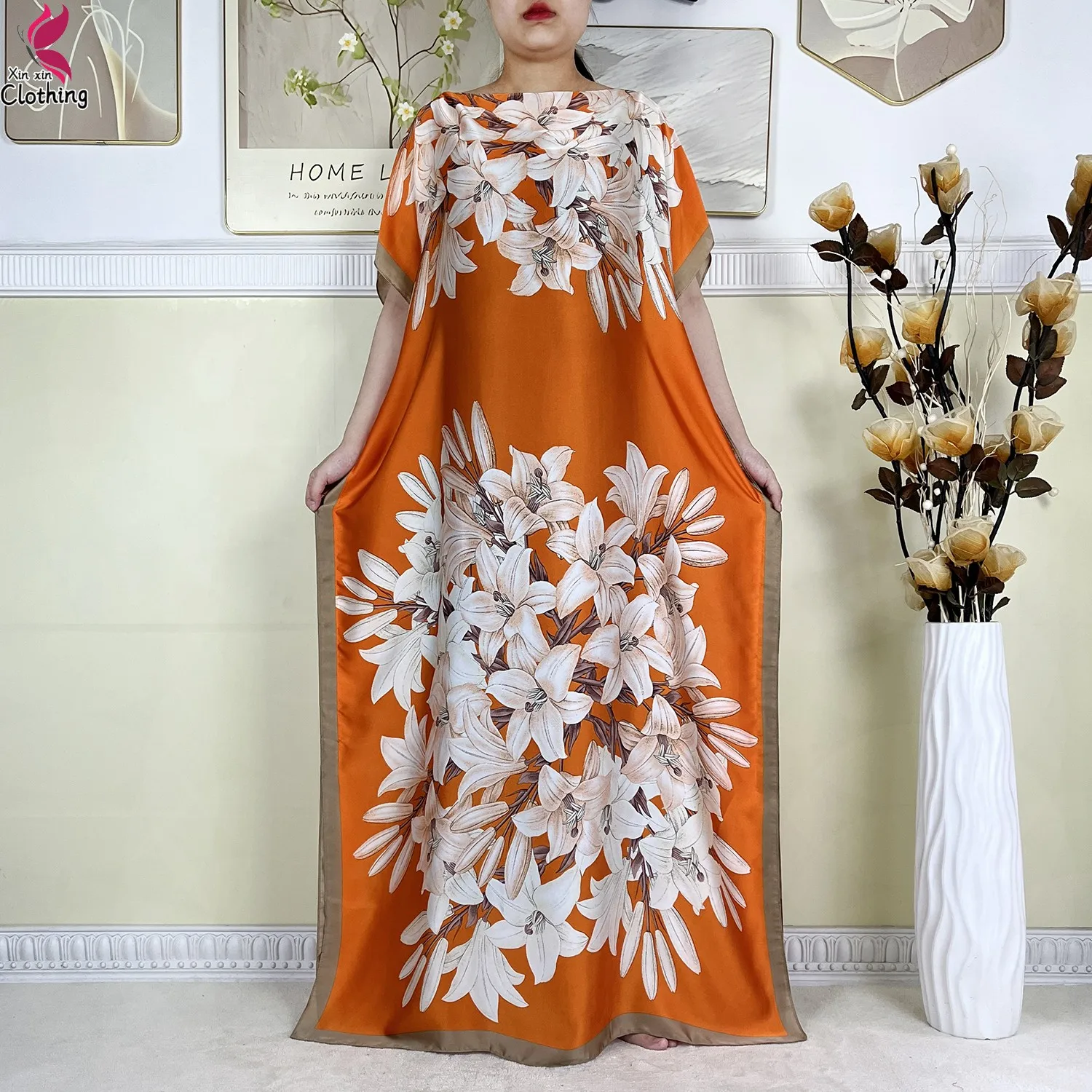 Nouvelle mode Robe d'été tissu en soie dubaï turquie caftan musulman ample Abaya femmes Dashiki africain décontracté imprimé fleuri Robe ample