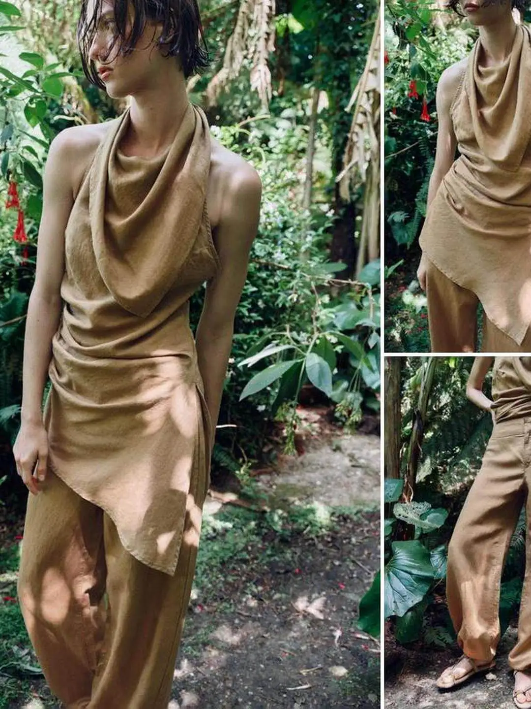 Summer Asymmetric Neck Hanging Wide Leg Pants High Waist Fashion Set Women's High Waist Asymmetric Design Top Bottoms Ensemble