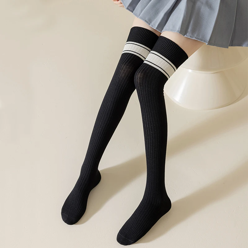 Spring and Autumn Women\'s Student Long Socks Double Needle Campus Style Cotton Vertical Stripe Showing Thinness Knee High Socks