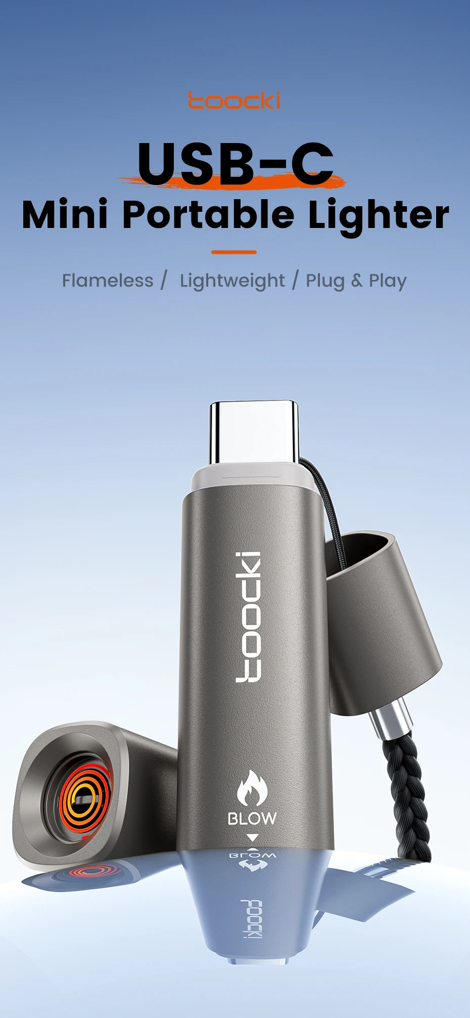 Toocki TG13/14 Typ-C Mini-Elektrofeuerzeug Plug&Play Blow to Light Mobiler Zigarettenanzünder Flammenlos Winddicht Schnelle Zündung – Detail 1