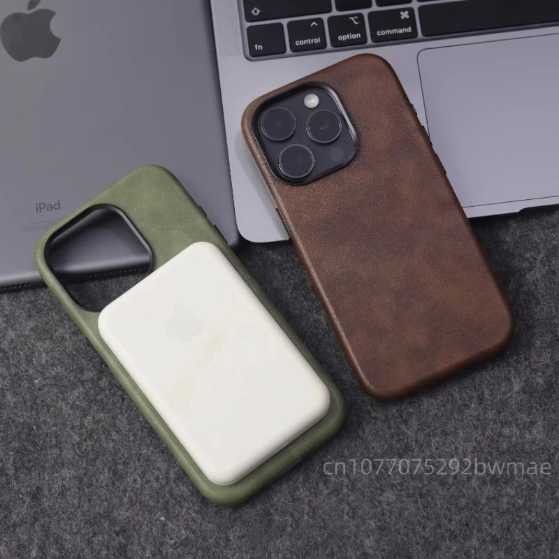 Casing Magnetik Tekstur Kulit Retro High-end untuk iPhone 16Pro Max 15 Pro 14 13 12Pro Max Tekstur Crazy Horse Casing Mewah 16plus