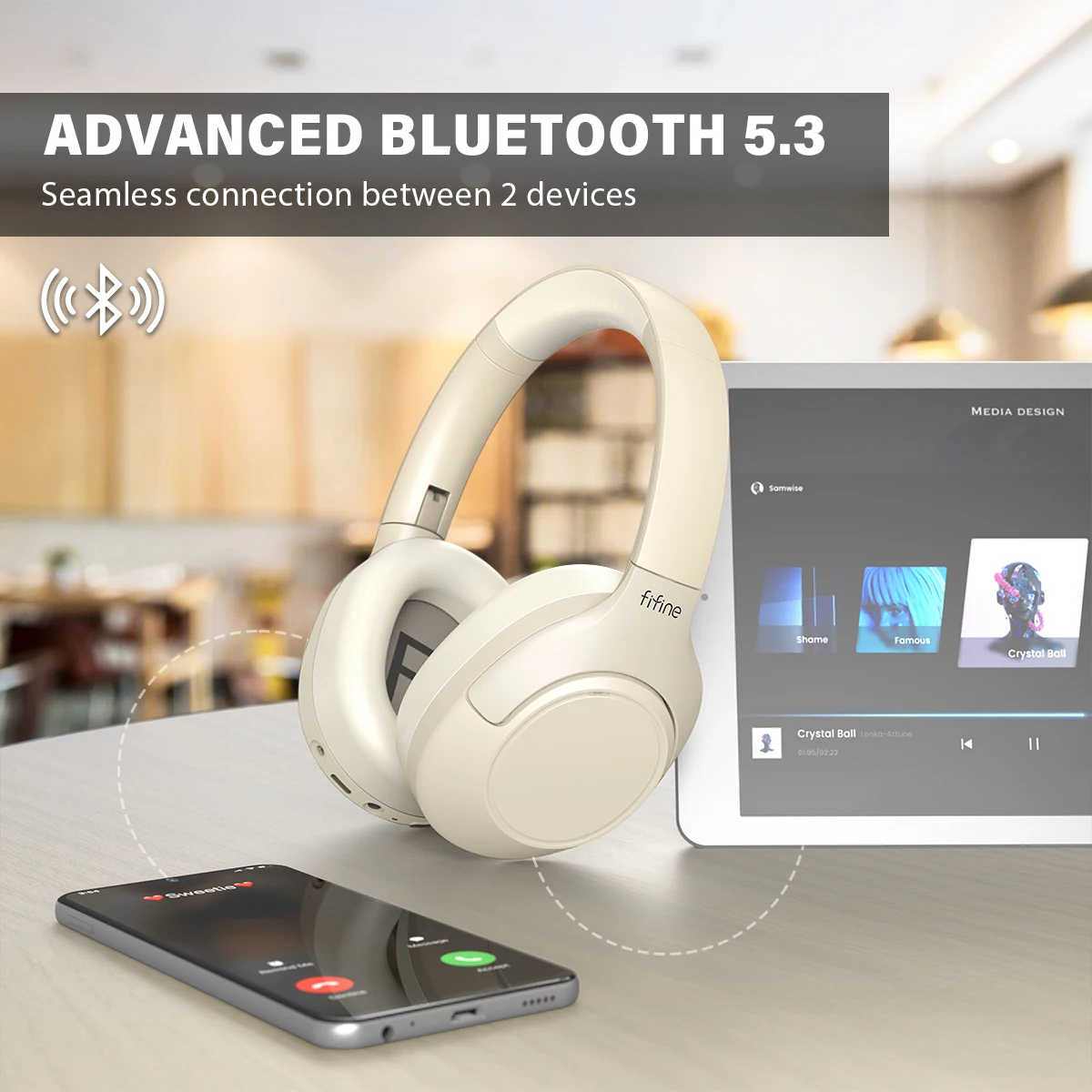 FIFINE Bluetooth Wireless Headphones for Phone/Pad,Over Ear Headset  with Active Noise Cancelling for Music/Game,Portable,65H-X3
