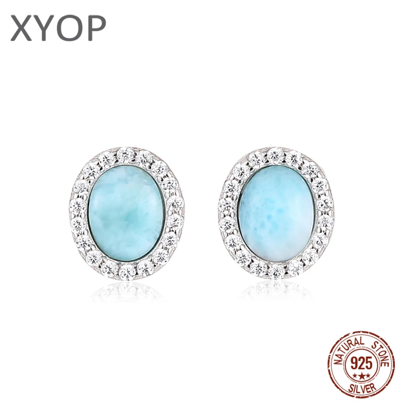 2021 Simple Fashion Geometric Round Charm 925 Sterling Silver Jewelry Gift Classic Natural Precious Larimar Earrings for Women