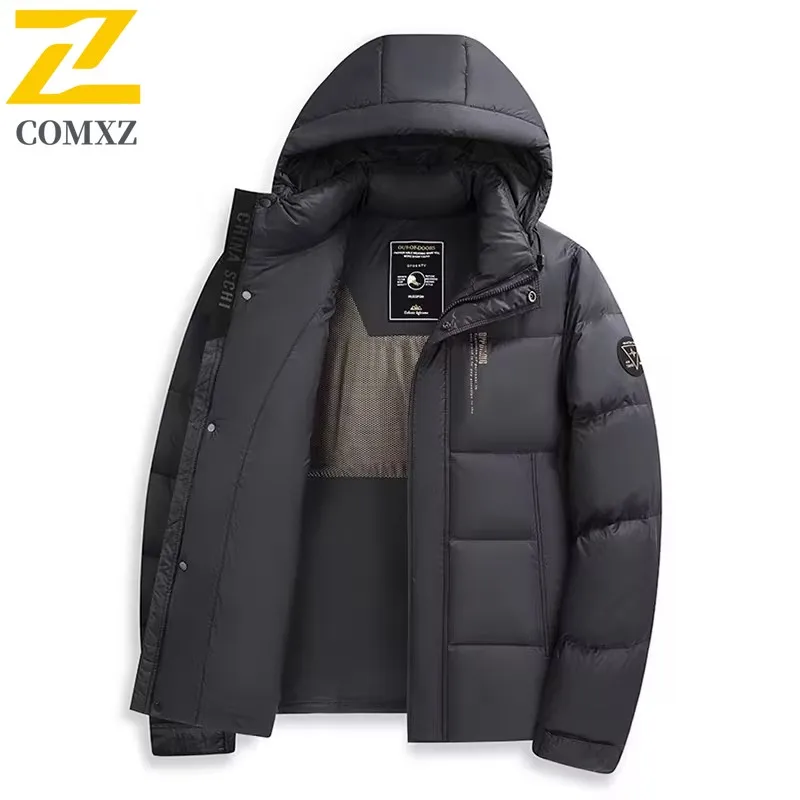 

COMXZ 2025 New Outdoor Down Jacket For Men Solid Color Slim Fit Lightweight Hooded Parka Cold Weather Hiking Travel Winter Coat