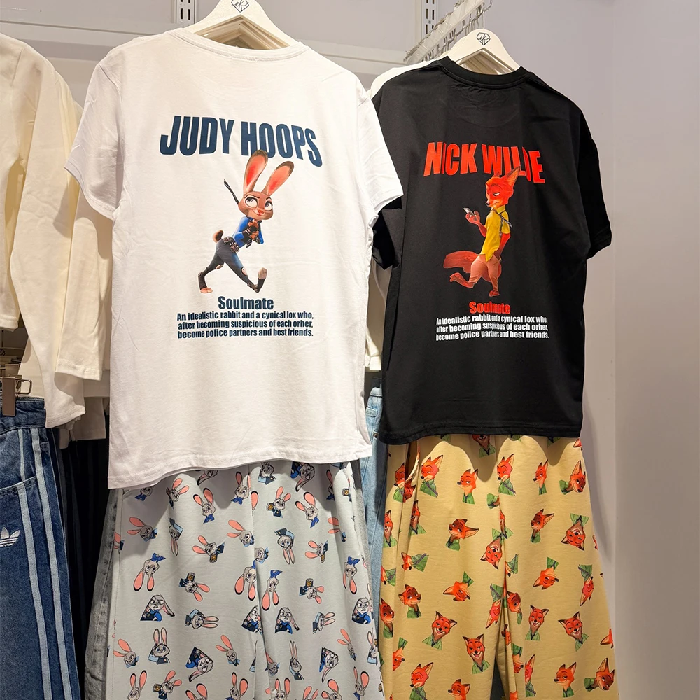 

Новый летний комплект с короткими рукавами и брюками Disney Judy Hopps/Nick Wilde для мужчин и женщин, модный спортивный комплект Y2K для отдыха, спортивный комплект большого размера