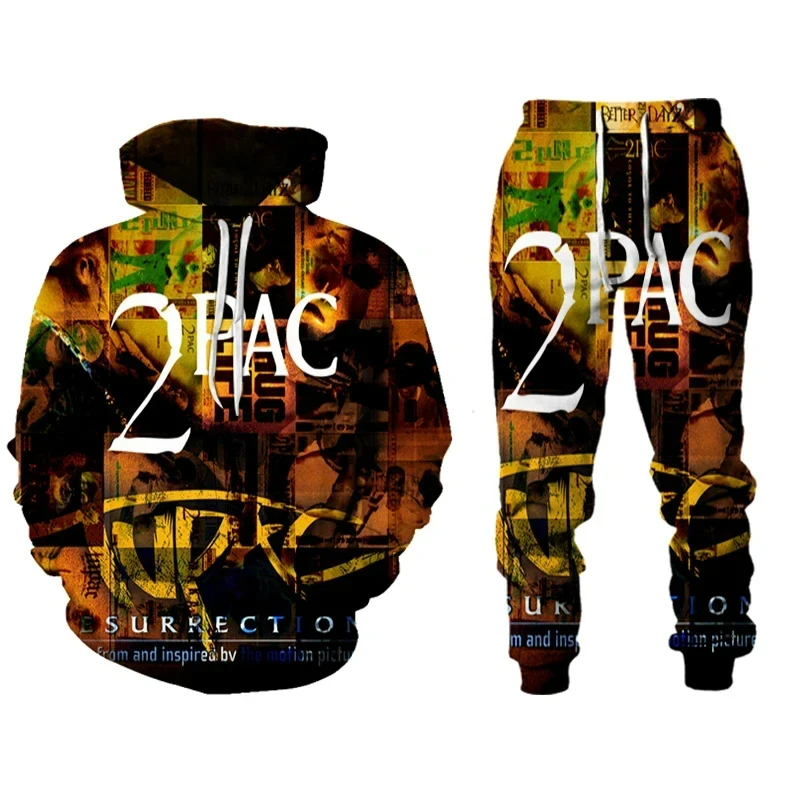 Sudadera con capucha con estampado 3D de Rap Singer 2 PAC Tupac para hombre, traje de Sudadera con capucha, pantalones de chándal casuales, conjunto de chándal de dos piezas, ropa para hombre