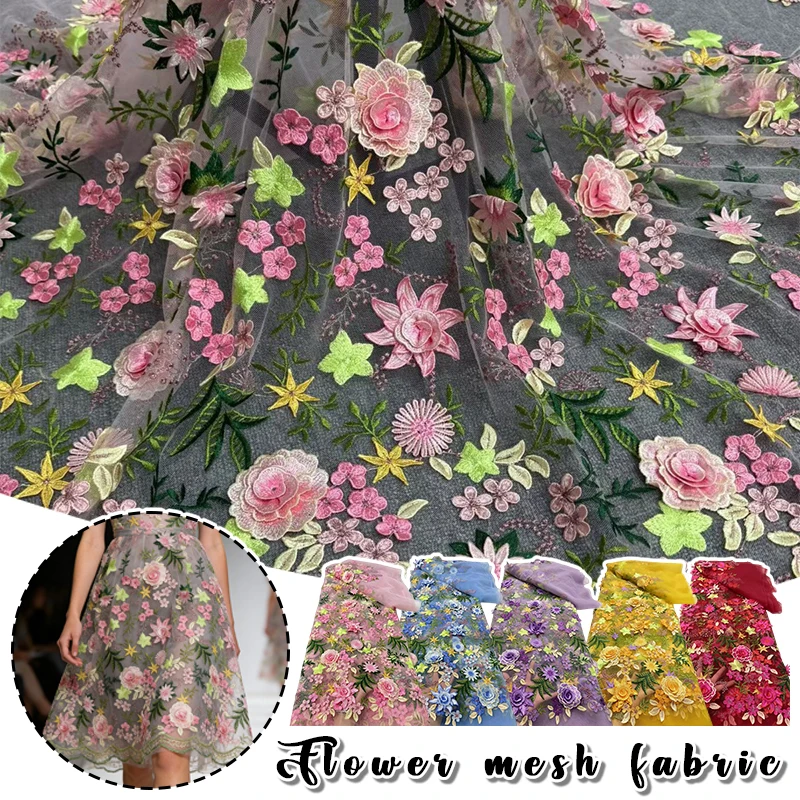 

Mesh Embroidered Flower Applique Fabric Austria Luxurious Translucence Lace Fabric for Party Dresses Bride Wedding Dress DIY