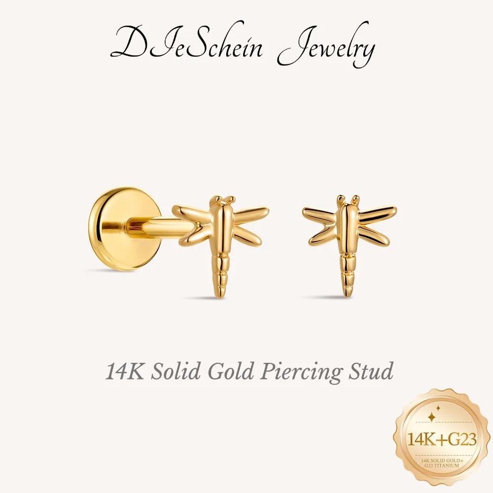DIeSchein 14K Solid Gold Flat Back Single Stud Earring 5/6/8mm Post Length Tiny Piercing Hypoallergenic Minimalist Gold Earring