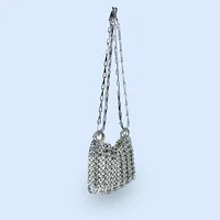 Silver Shiny Bag Handmade Woven Beaded Sequin Bag Mobile Phone Bag Long Shoulder Strap Single Shoulder Crossbody Bag for Women - Image 4