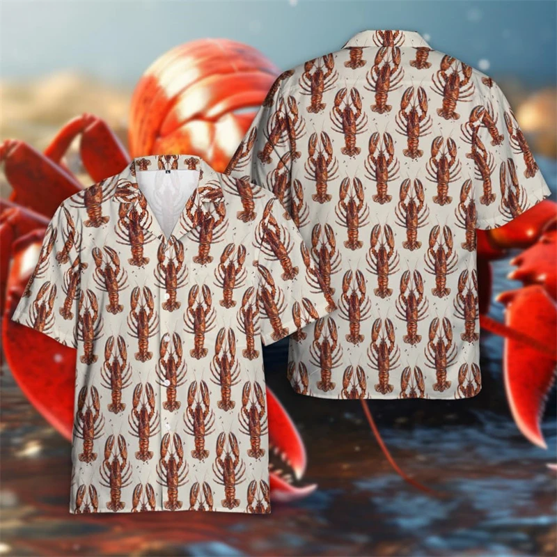 Lobster King 3D Printed Shirts For Men Clothes Harajuku Fashion Male Beach Shirt Seafood Short Sleeve Crayfish Lapel Blouse Tops