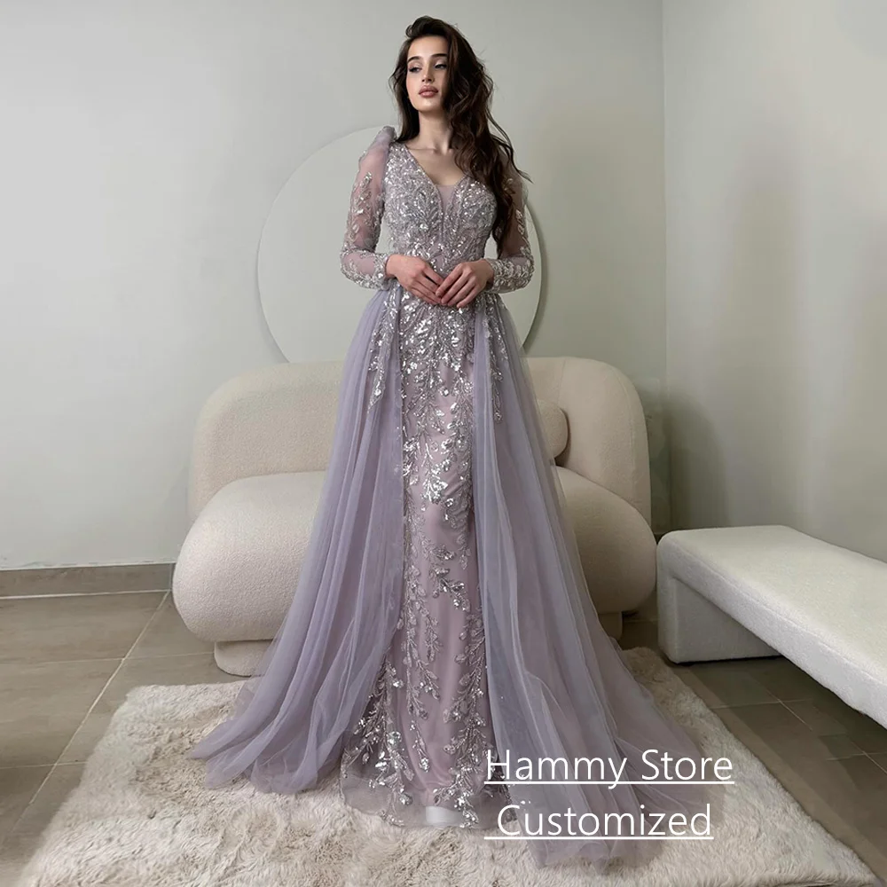 فستان سهرة متألق مع ذيل تول مخصص بياقة على شكل V وأكمام طويلة مطرز بالترتر حورية البحر فستان حفلات فيستدوس دي فييستا