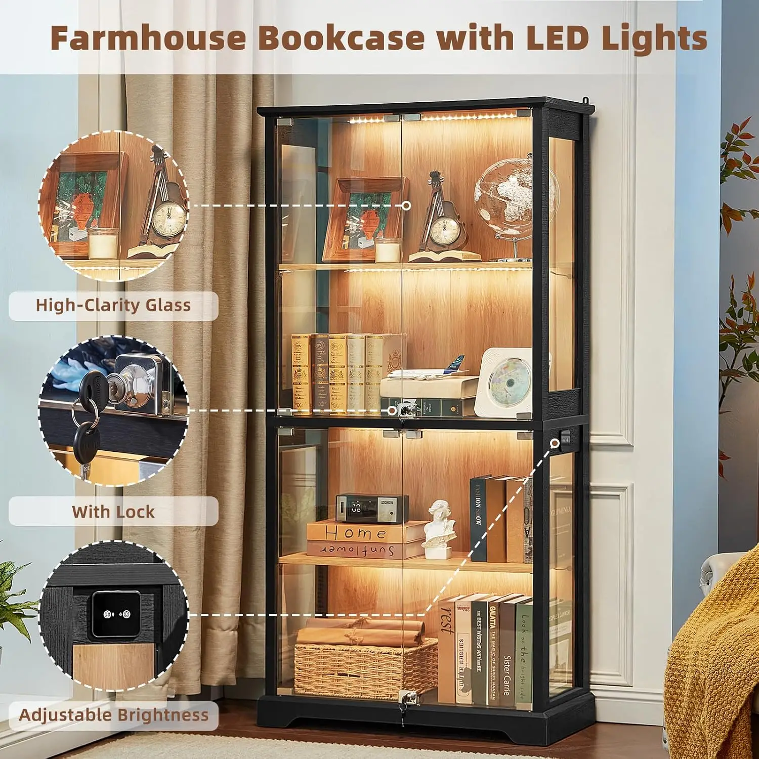 Set of 2 Farmhouse Glass Display Cabinets with Lock, Wooden Curio Cases with Glass Doors, 3-Color Motion-Sensor Lights, Black