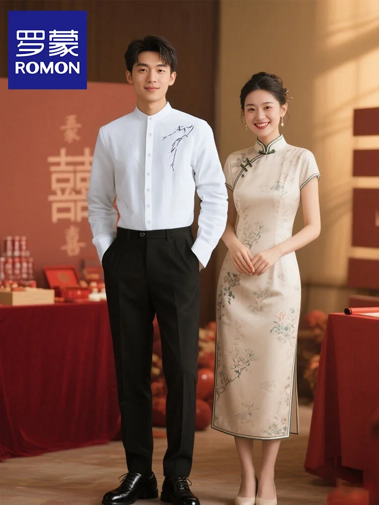 Romon Men's New Chinese Style Stand Collar Shirt Bamboo Embroidery Wedding Engagement Ceremony Cotton Long Sleeve Shirt