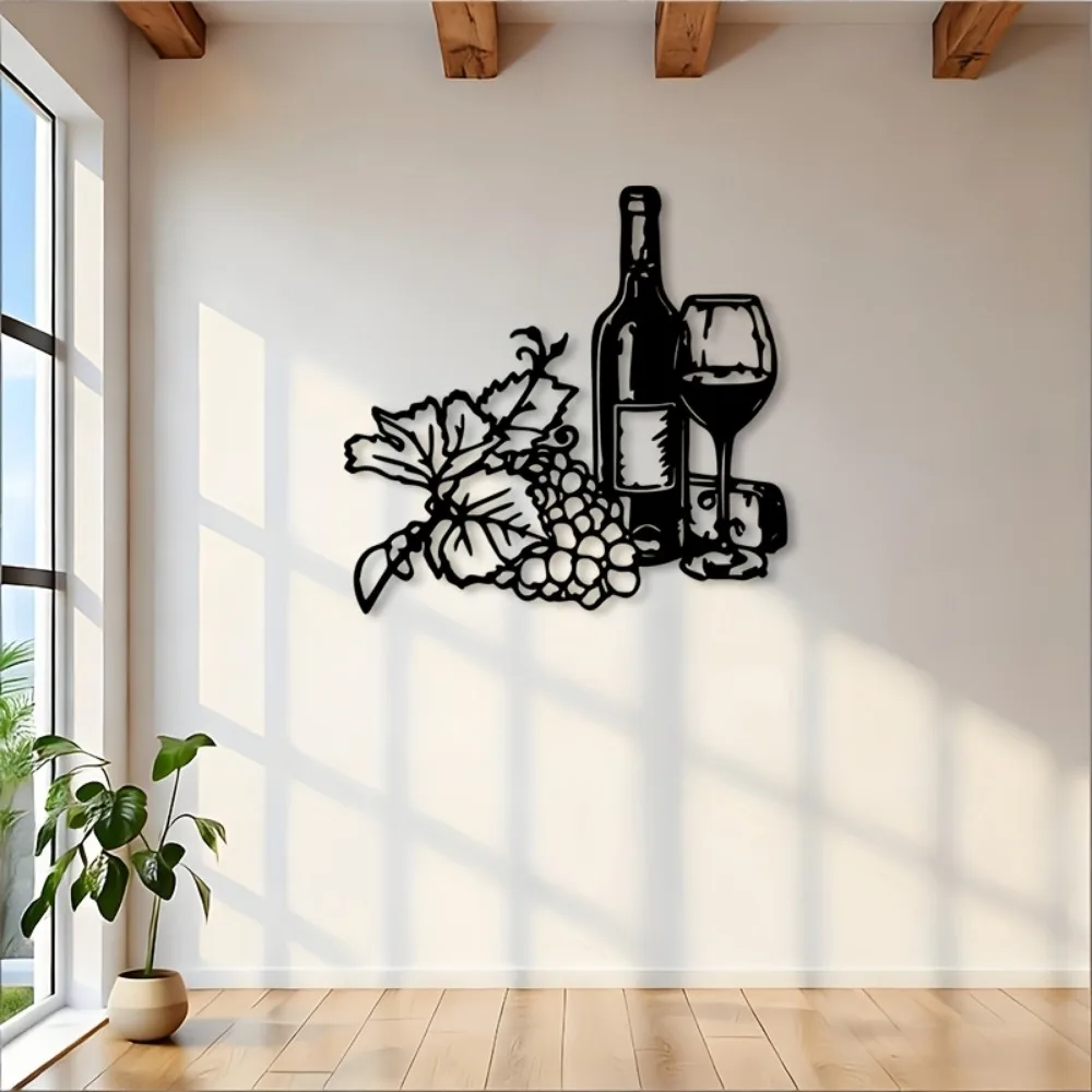 2D Flat Wine Grape Iron Wall Art Black Cluster Silhouette Rustic Vineyard Kitchen Bar Dining Indoor Housewarming Gift Decor