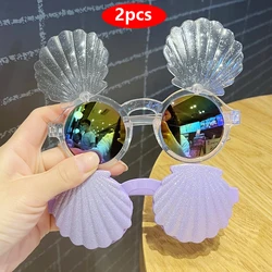 2pcs Small Oval Shape Sunglasses Girls Boys Cute Cartoon Shell Sun Glasses Outdoor Hawaiian Style Sun Glasses Kids Children