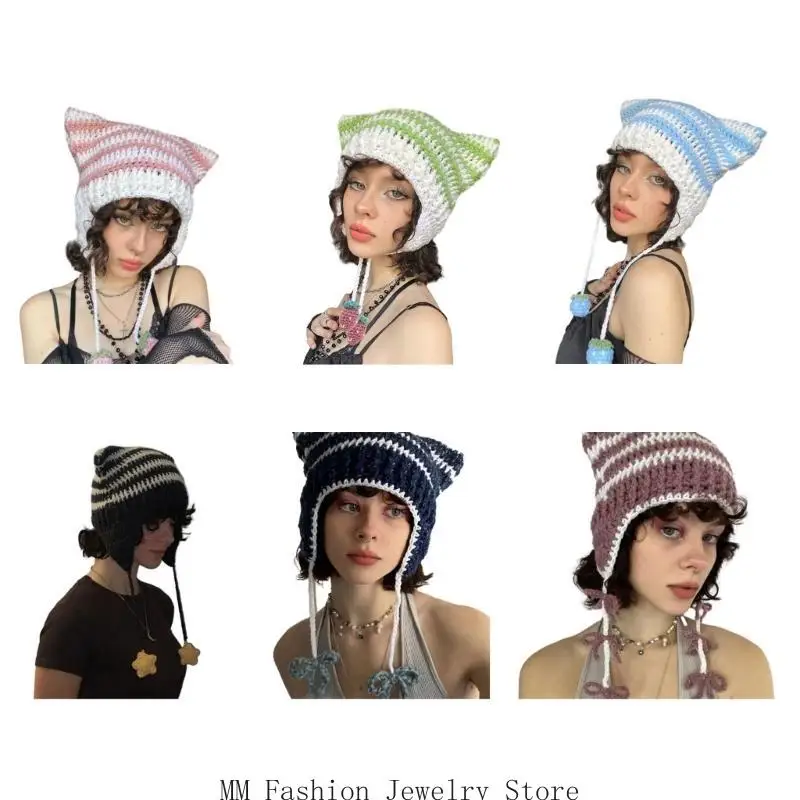 D0UB Pink Girl Y2K-theme Party Hat محبوك قبعة بالاكلافا، قبعة سميكة منسوجة يدويًا #4